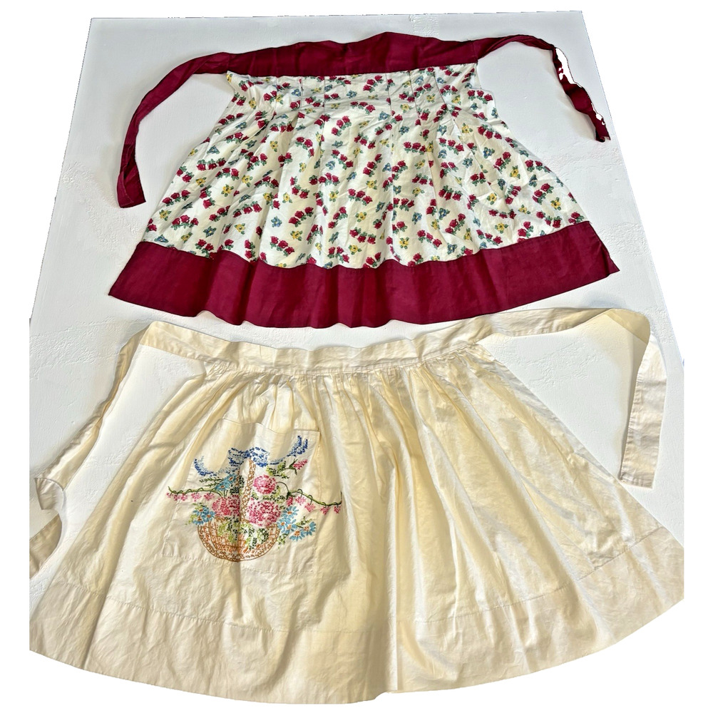 2 VTG 60s Handmade Kitchen Aprons Half Tie Housewife Farm Cottage Country Sz S/M